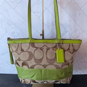 Coach Signature Jacquard Tote Green Leather Trim Zip Top Shoulder Bag F13548